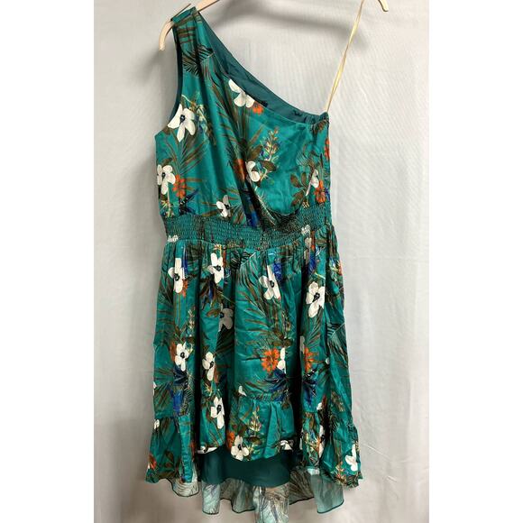 SLATE & WILLOW Floral Smocked Waist Hi Lo One Shoulder Dress Green Size 12 - Picture 1 of 6